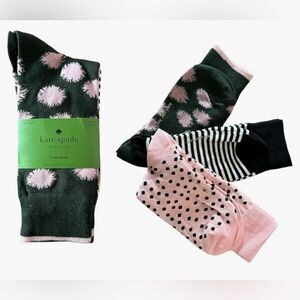 Kate Spade New York 3 Pack Crew Socks, Green Abstract, Black Stripe, Pink Dot